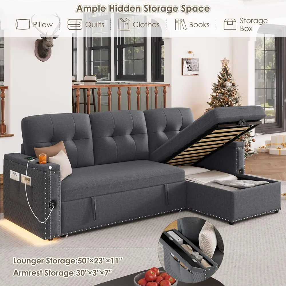 

Sleeper Sofa Bed- 81" L Shaped Pull Out Couches with Storage Chaise, 2 Storage Armrest, LED, Customized