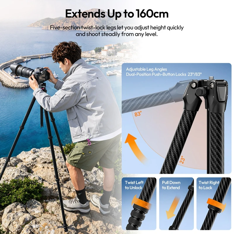 Ulanzi TZ01 Versatile 2-in-1 Carbon Fiber Tripod Max 1.6M Tripod with Mini Tripod Column for DSLR Camera for Outdoor Travel Shot