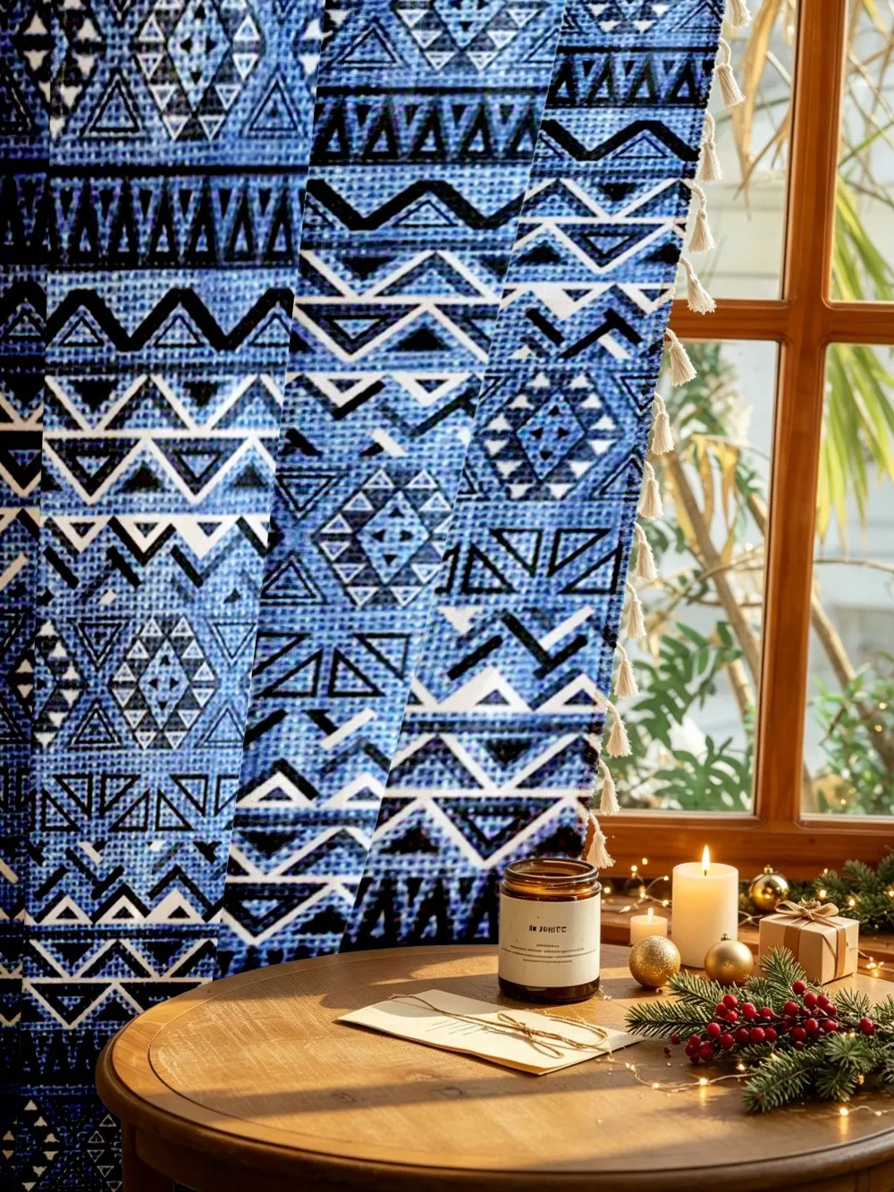 1PC Boho Tassel Sheer Curtains, Blue Geometric Triangle Tribal, Digital Print, Linen Polyester, Bedroom Living Room Home Decor