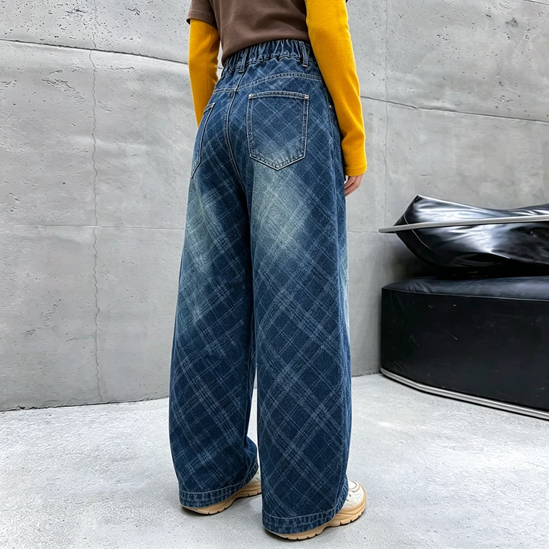 Stylish Child Loose Straight Plaid Baggy Jeans Trousers for Teenage Girls Age 5 To 14 Years Kids High Fashion Street Denim Pants