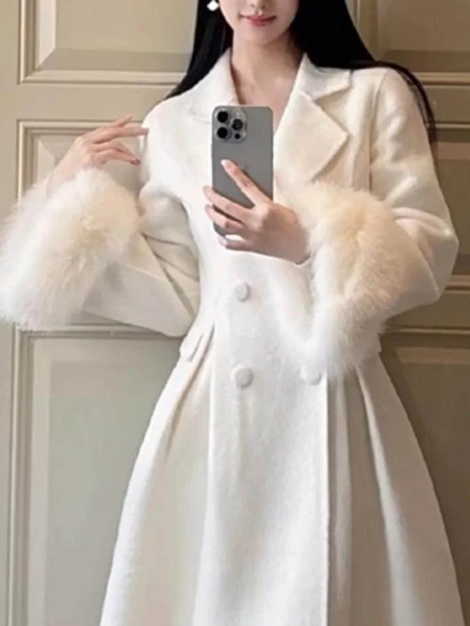 

Зимнее шерстяное пальто больших размеров во французском стиле, повседневное, с длинными рукавами, на двубортной застежке, без воротника, однотонное, свободного кроя