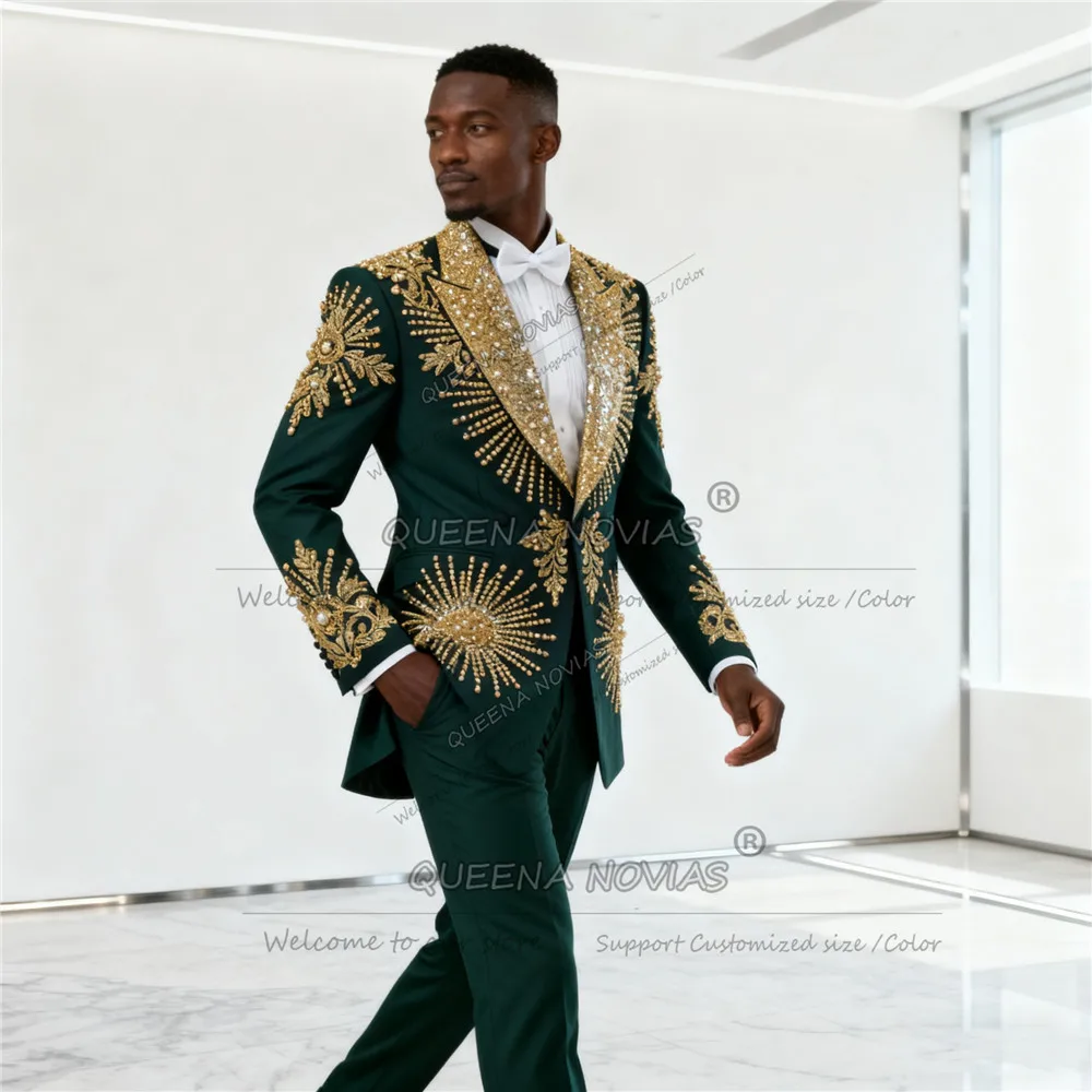 Brilliant Gold Pearls Beaded Men Suit Attire For Wedding Sequined Label Prom Blazers Customized 2 Piece Set Groom Tuxedos Outfit