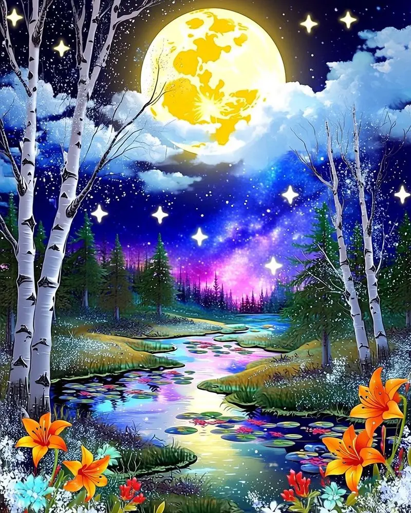 CHENISTORY Fantasy river under moonlight