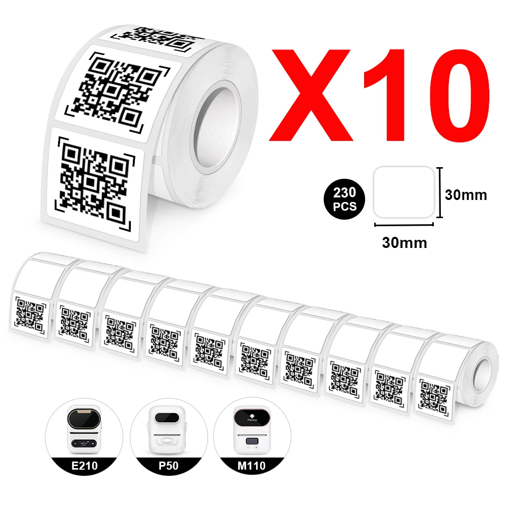 10Rolls E210 P50 Label Sticker 30*30mm Suitable for E210 P50 Thermal Label Printer Self-adhesive E210 Label Printer Paper Tape