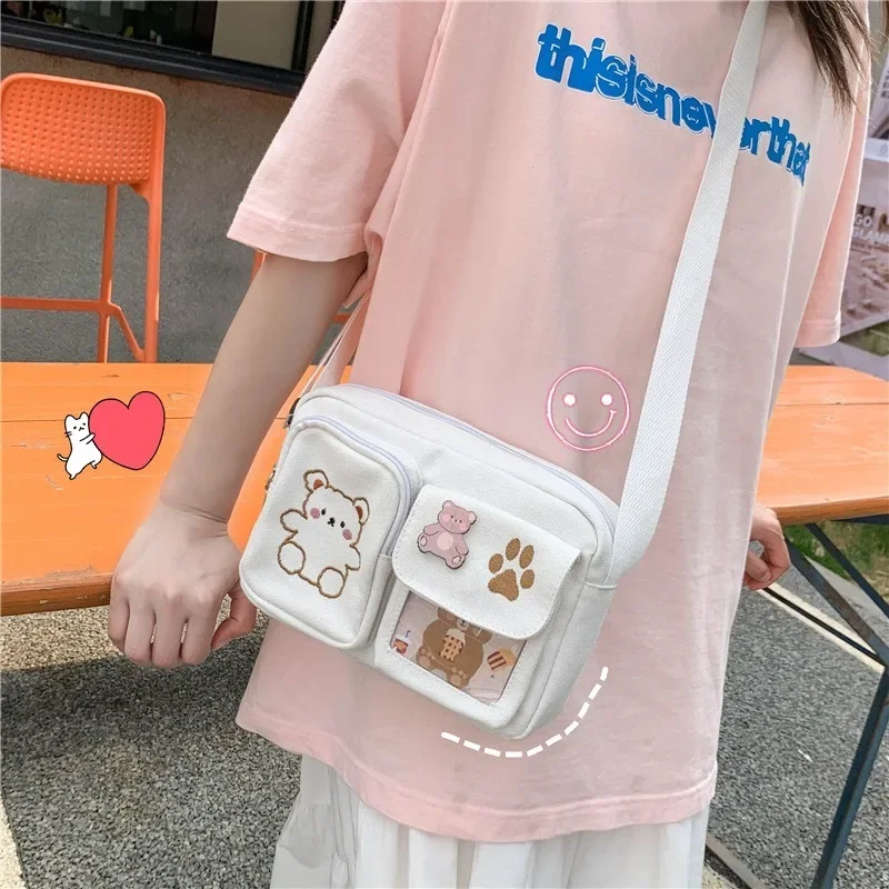 

Vintage Japanese Canvas Small Bag with Funny Embroidery Bear Design Transparent Messenger Bag for Students Cute Personality Item