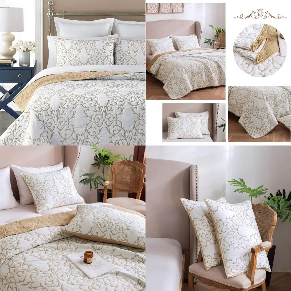 

King Size Reversible Cotton Quilt Set, 3-Piece Beige with Elegant Embroidery Pattern and Decorative Pillows