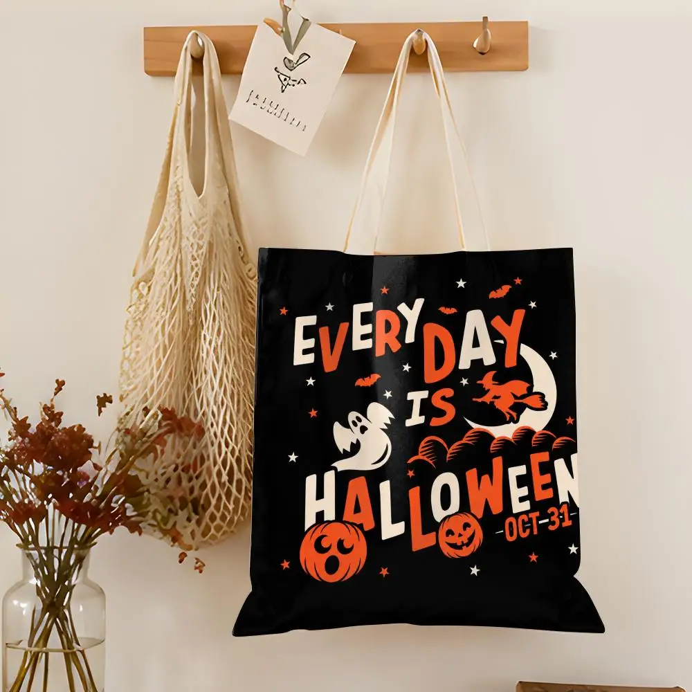 Vintage Halloween Graphic Storage Bags Double-Sided Printed Canvas Tote Bag Eco-Friendly Reusable Large Capacity Handbag
