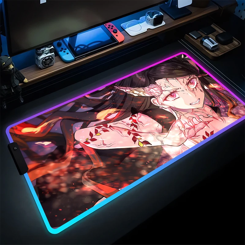 

RGB Mouse Pad Notbook Gamer Keyboard Pad Non Slip Rubber Computer Demon Slayer Kamado Nezuko Desk Mat LED PC Anime Girl Mousepad