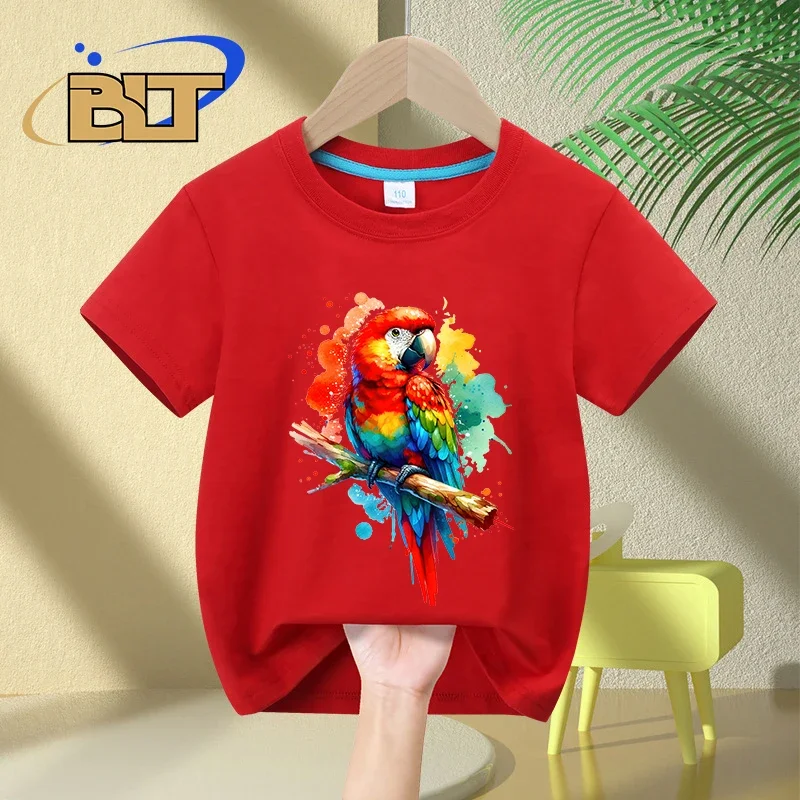 Camiseta infantil de manga curta, tops de algodão para meninos e meninas, estampa de papagaio vibrante aquarela, roupas casuais infantis, verão