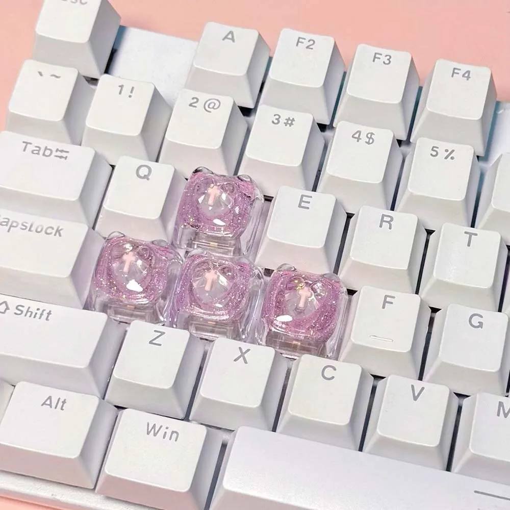 4Pcs 3D Heart Resin Keycaps, Transparent Ice Shape Designed for Long Nails, Cute Decorative Mechanical Keyboard Accessories