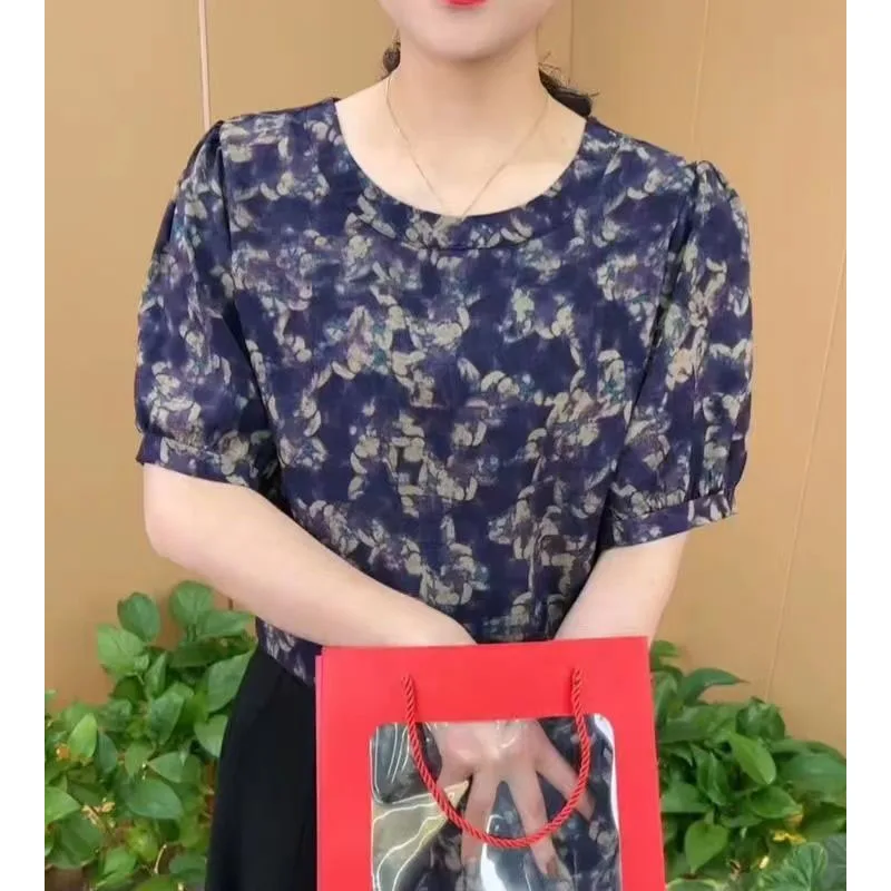Pulls à col rond en mousseline de soie épissée pour femmes, manches courtes, imprimé, froncé, mode classique, été, nouveau, 2024