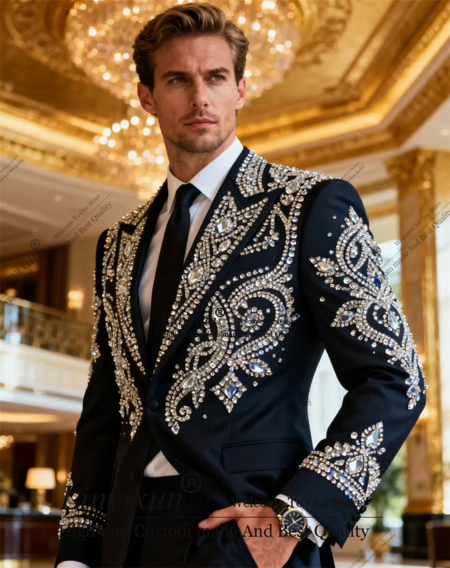 

Shiny Jewel Ornament Men Suit Customized Slim Fit Handsome Wedding Wear Tuxedos 2 Pieces Sets Groom Male Blazer Ropa hombre