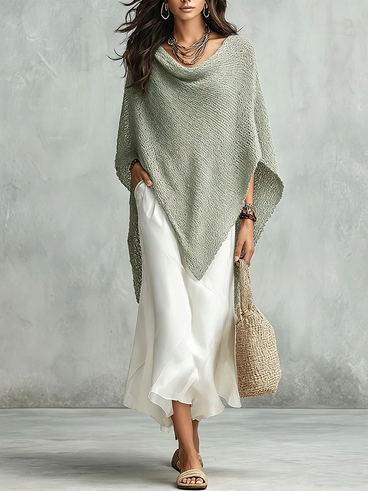 Women's Casual Batwing Sleeve Solid Outfits Elegant Personality Loose 2Pc Suit Sexy Swing Collar Irregular Knit Top & Skirt Set