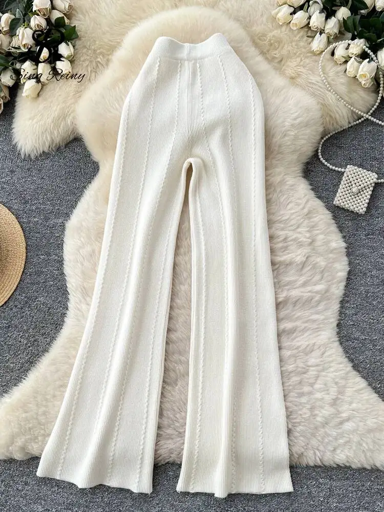 Pantalones de pierna ancha informales a la moda, pantalones de punto gruesos holgados con cordón de cintura alta elásticos para perezosos de otoño