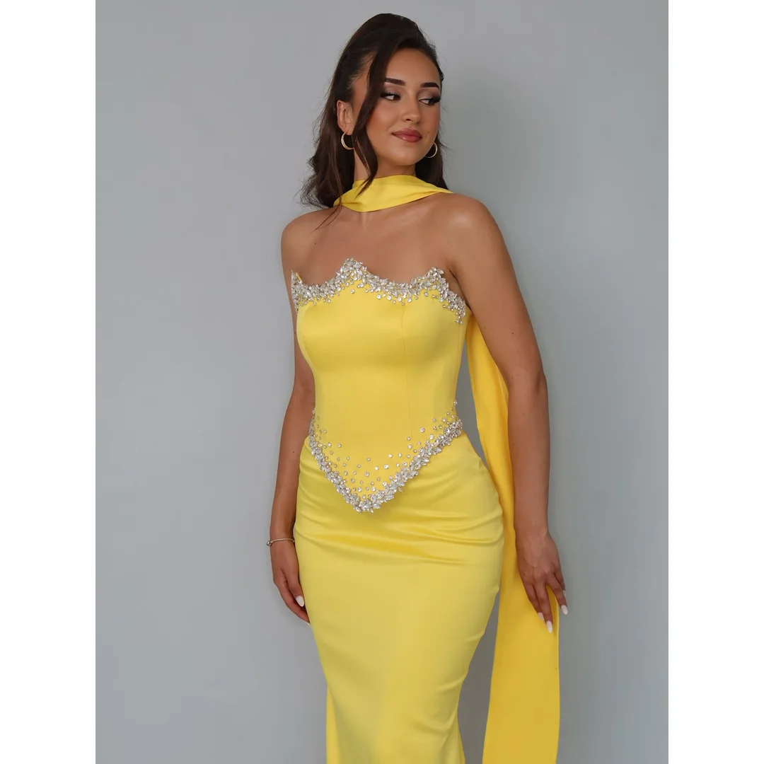 Mermaid Ball Gowns Yellow Evening Dresses Woman Elegant Dresses for Women Long Party Customized Sleeveless Shawl Prom Dress Chic
