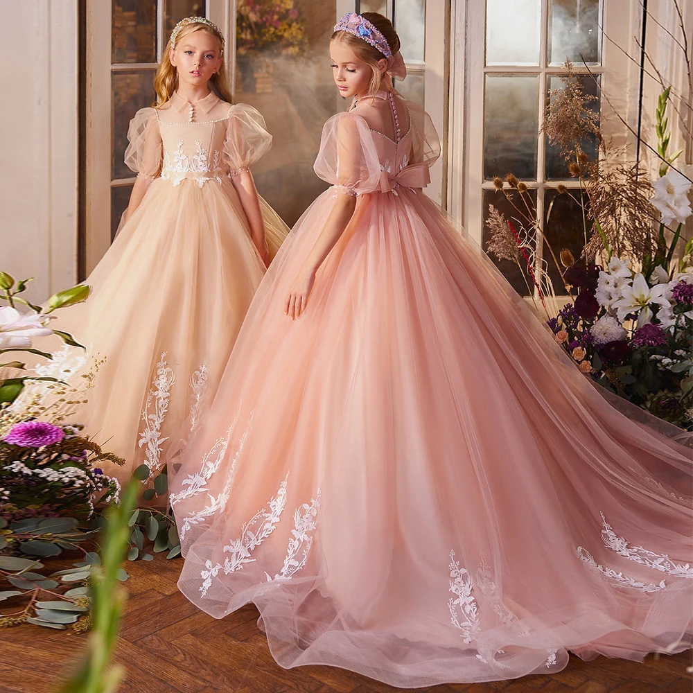 Mvozein abiti da principessa rosa Puffy Flower Girl Dress Appliques di pizzo abiti da spettacolo per ragazze bambini abbigliamento formale perline di pizzo da sposa