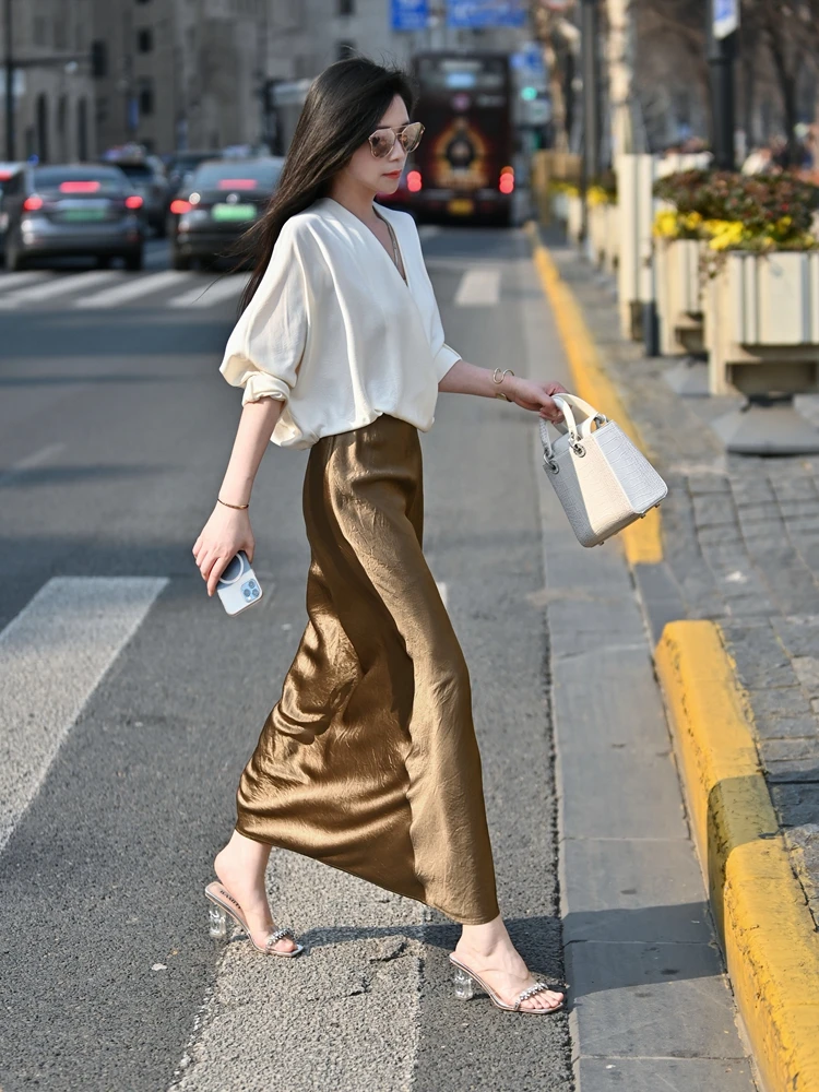 

Acetate Fiber Long f Skirt Simple Ele Folds Texture Original Design Slimming for Ladies Autumn Faion 2025