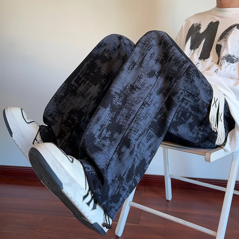 

American High Street Tie Dye Corduroy Men's Straight Loose Dstring Sports Pants adient Design Casual Long Trousers
