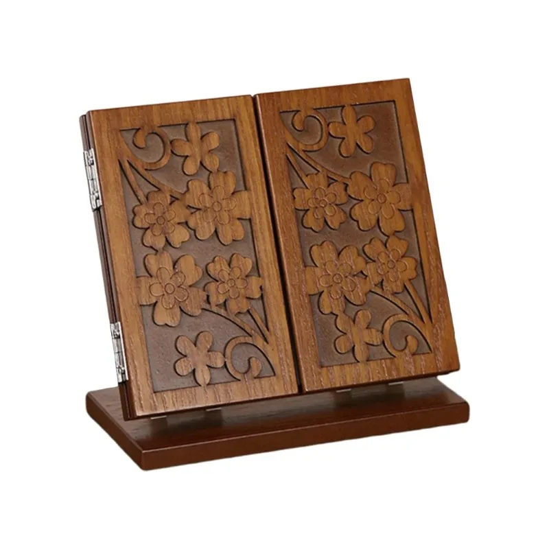 Makeup Mirror, Foldable Three Sided Wooden Carving Pattern Desktop Cosmetics, Dressing