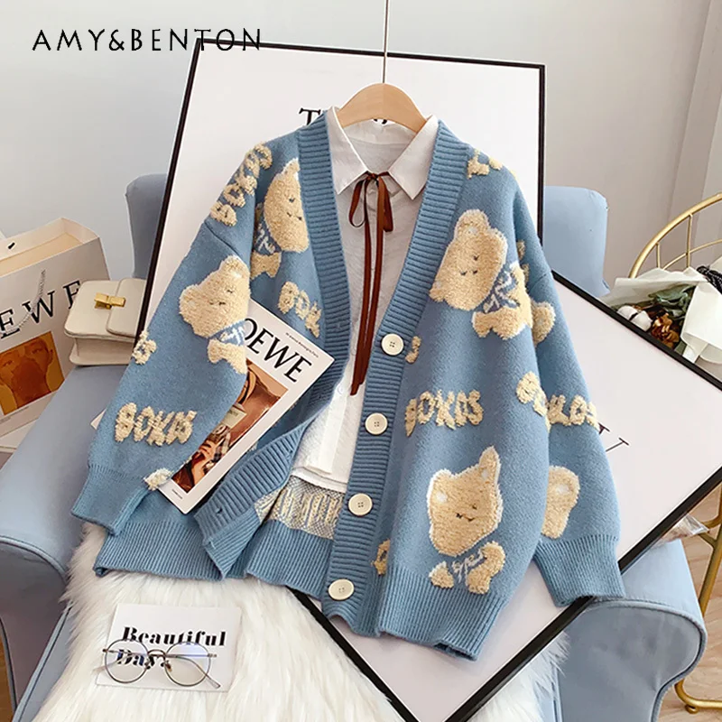 

Весенне-осенний дизайн 2025 года, красный свитер с v-образным вырезом и принтом медведя, кардиган, свободный повседневный синий, черный вязаный топ для женщин