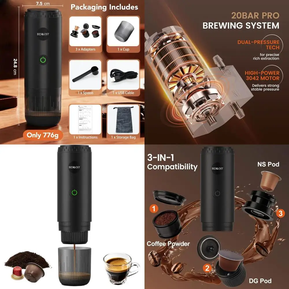 

Portable Espresso Maker - Electric Coffee Machine for Travel with USB-C, Compatible with Capsules and Grounds, Ideal for Camping