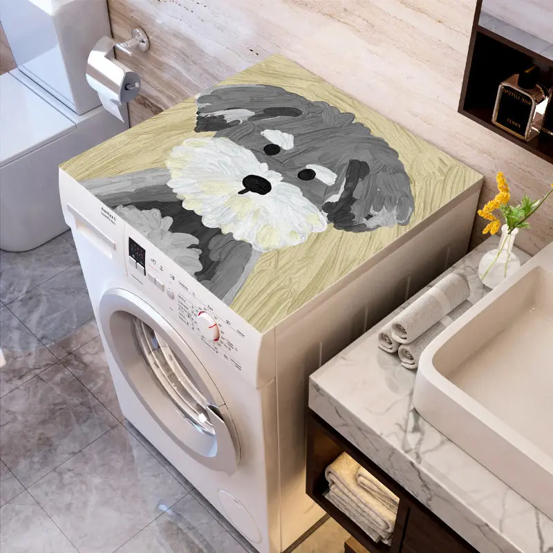 VIKAMA Oil Painting Schnauzer Dog Washing Machine Top Mat Light Blue Texture Waterproof Anti Dust Cabinet Cover Pad