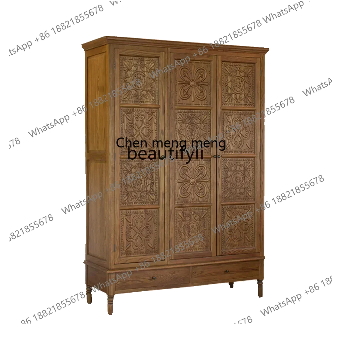 SS new styleAmerican rural solid wood carving flower three doors four doors wardrobe retro pastoral multi-functional storage sto