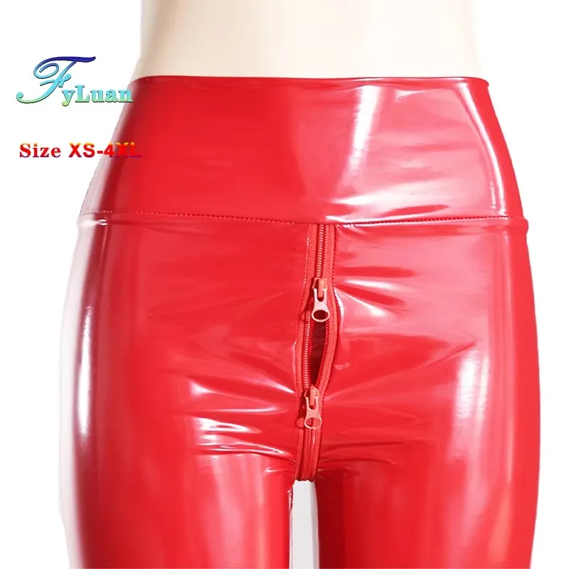 Sexy High Waist Pants New Women's Red Leather Leggings Double Zipper Open Crotch Pants Exotic  Nightclub Ankle-Length Trousers