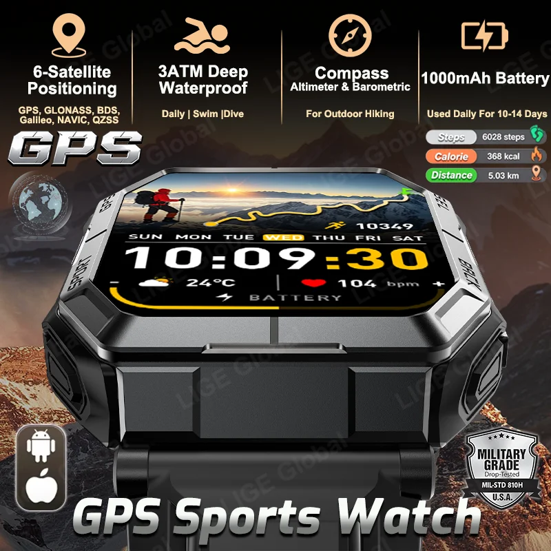 Altimeter Compass Watch - LIGE GPS 스마트 워치, 1000mAh 배터리,