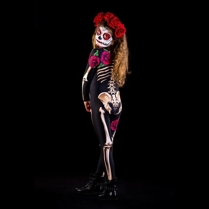 2026 Mädchen Jungen Gothic Geisterbraut Cosplay-Set Skelett-Rosen-Print Bodysuit für Kinder Halloween Karneval Kostüm-Party – Detail 11