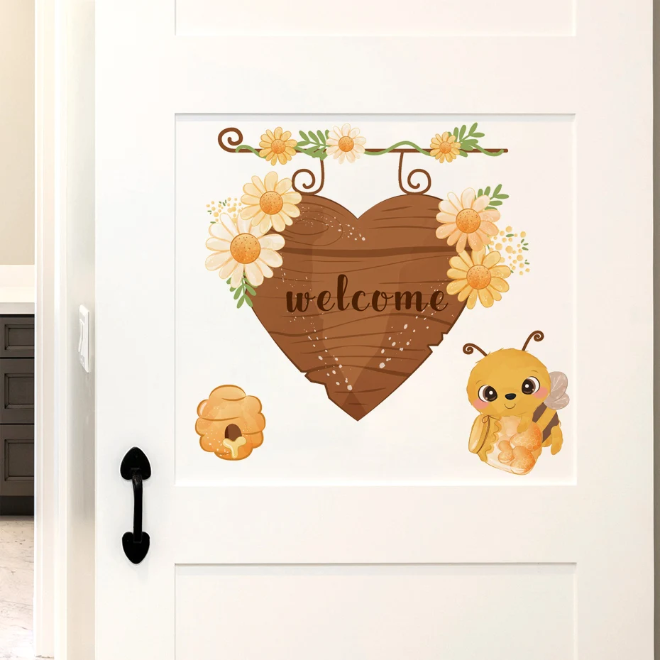 Cartoon Bee Welcome Flower Wall Sticker Kids Room Door Decoration Mural Bedroom Entrance Home Decor Self Adhesive Wallpaper