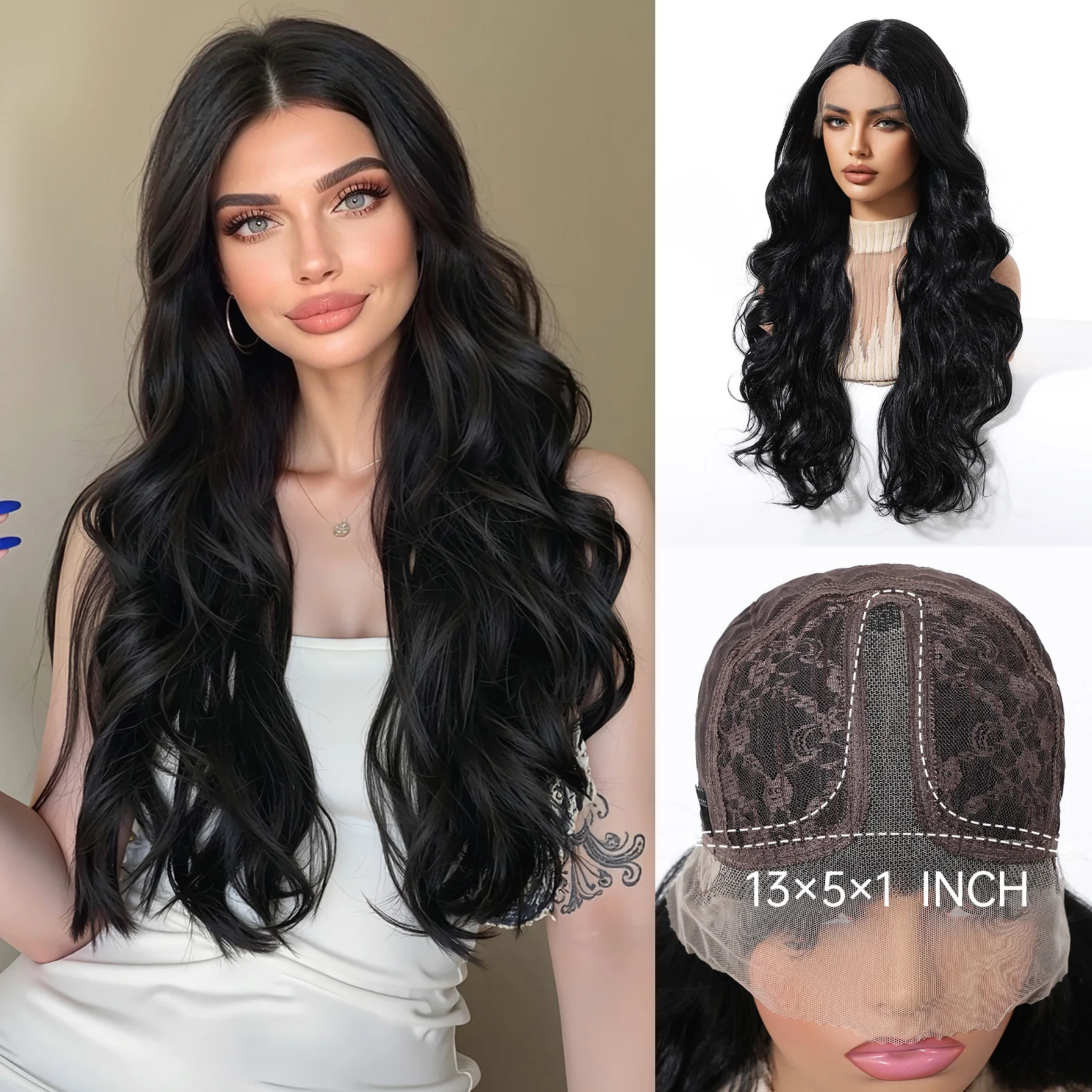 

ALAN EATON Черные синтетические парики спереди, длинный натуральный волнистый парик средней части для женщин, повседневное использование для вечеринок, термостойкое волокно