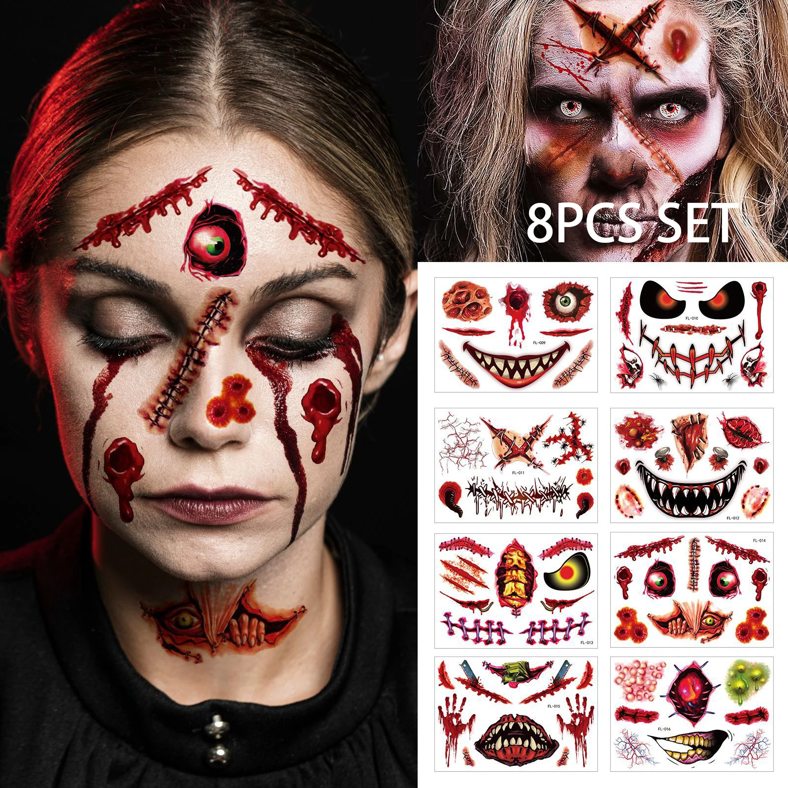 10pcs 3D Fake Scar Tattoos Sticker Body Face Realistic Scab Temporary Tattoos Halloween Horror Wound Bloody DIY Makeup Stickers