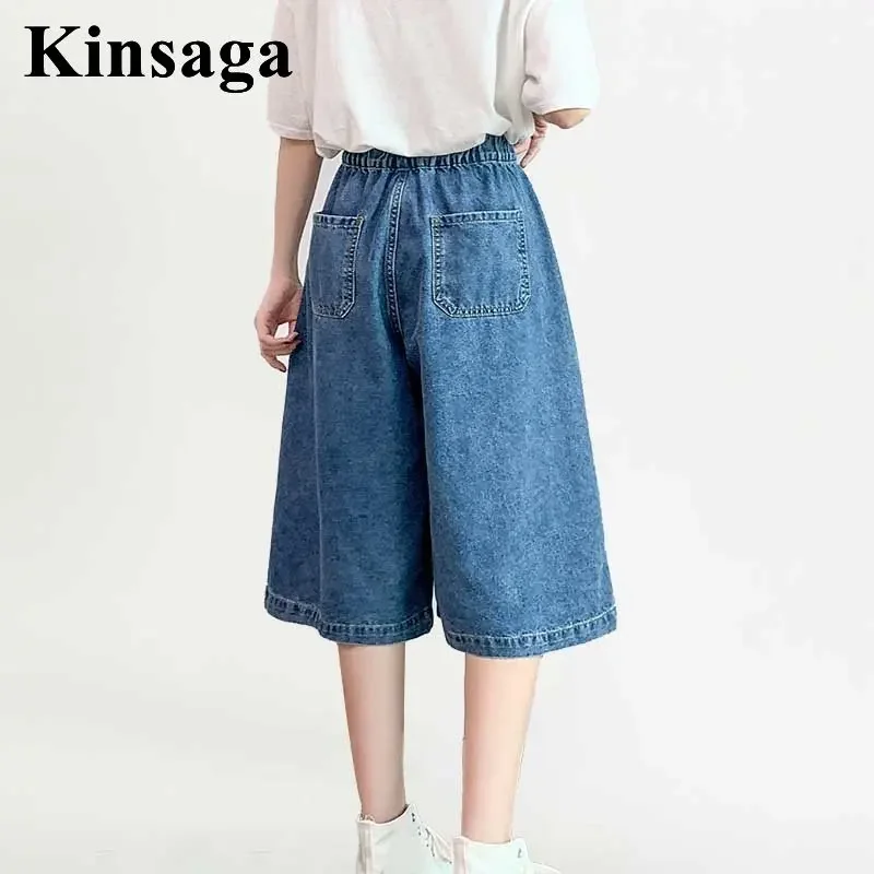 Women Street Pleated Loose Wide Leg Mid-calf Jeans Mom 4XL Summer Baggy Y2K Boyfriend Capri Elastic Waist Denim Bermuda Breeches