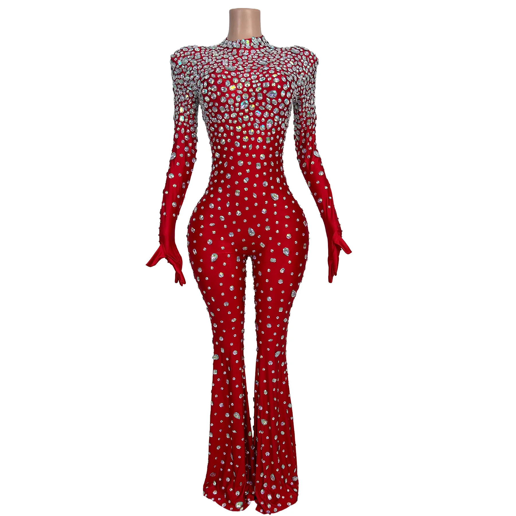 

Dashuijing Red Rhinestone Full Body Flare Jumpsuit Long Sleeve Performance Outfit for Women Nightclub Stage Party Events