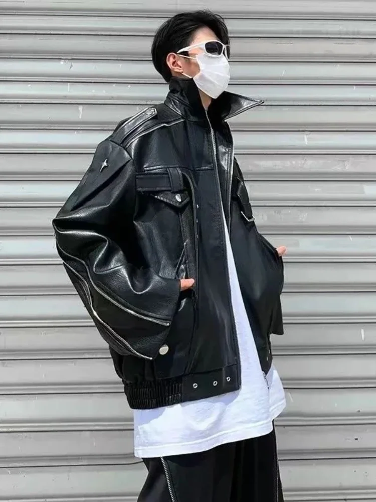 

Small Batch High End Men's White Leather Jacket American Retro Streetwear Short Biker Coat Spring Autumn​