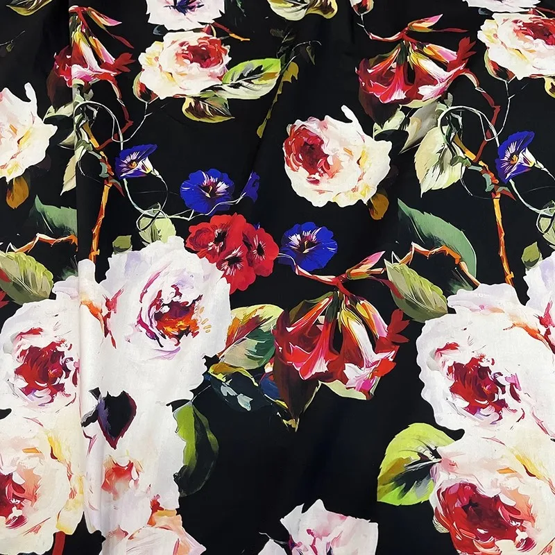 

Black Base Colorful Flower Printed Poplin Cotton Fabric For Women's Fashion Design Dress Blouse DIY Cloth Sewing Material