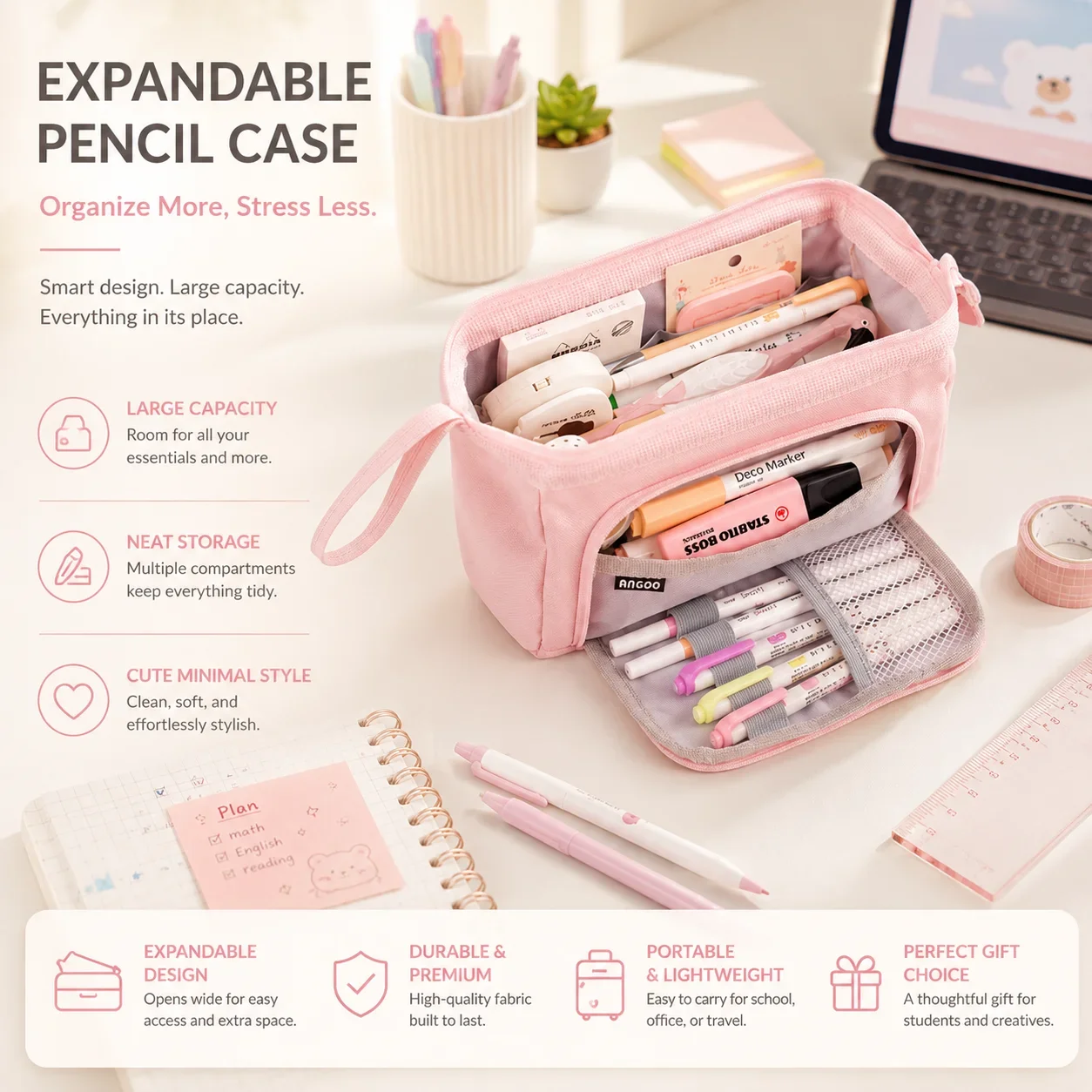 Retractable Drop Down Pencil Bag, Minimalist Cute Expandable Design, Portable Student Pen Storage Organizer