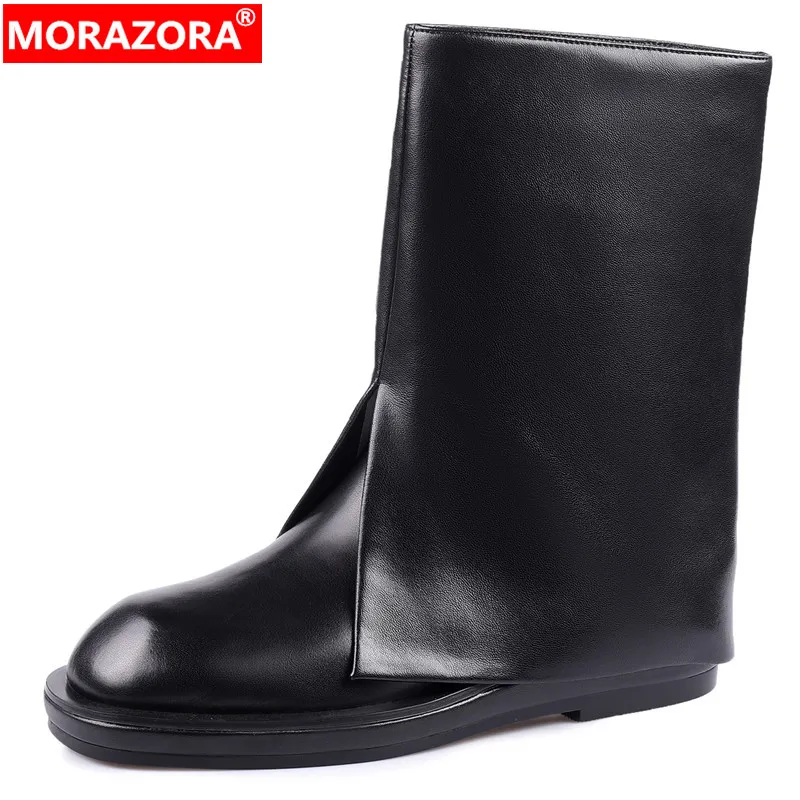 

MORAZORA 2024 New Genuine Leather Winter Boots Women Square Med Heels Platform Shoes Female Zipper Mid Calf Boots