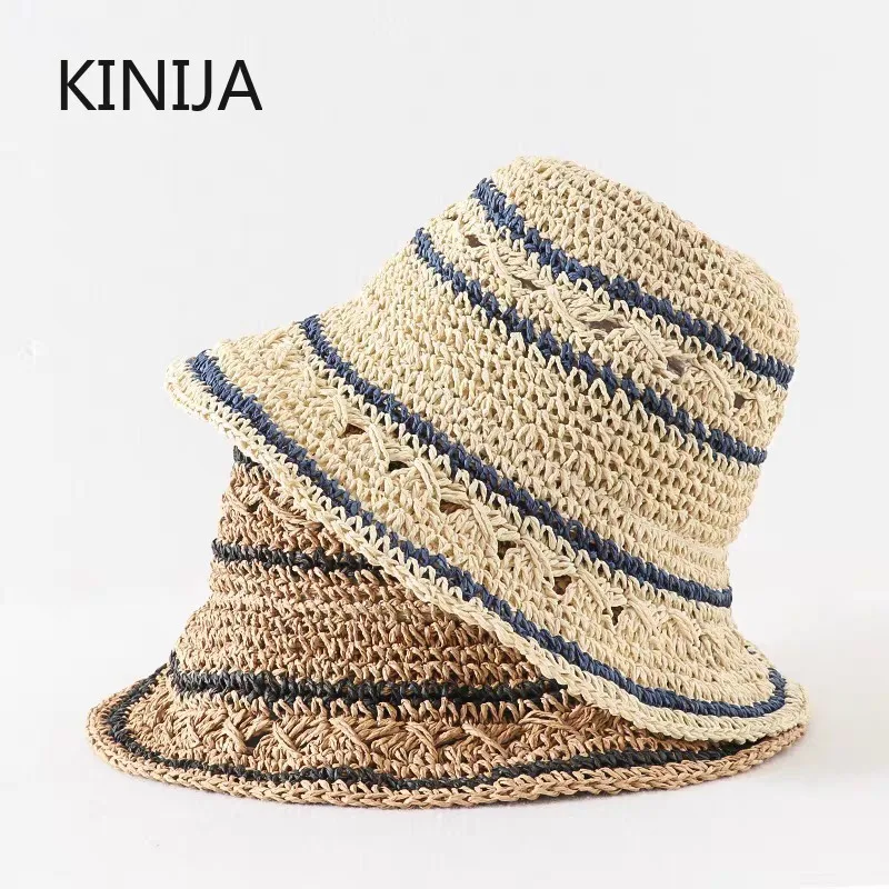 여름 모자 여성 밀짚 태양 모자 접는 태양 모자 한국어 스타일 선 스크린 비치 액세서리 Sunhat Bucket Hat Girls 밀짚모자