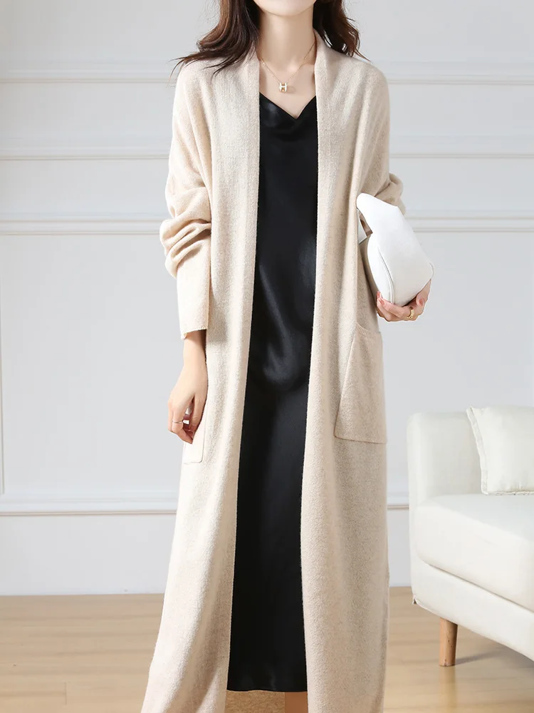 

Spring Autumn Women Pure Wool Long Cardigan Dropping Sleeve Open Stitch Sweater 100% Merino Wool Knitwear Female Clothing Tops