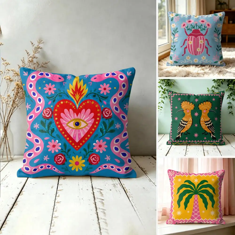 Maximalist Mexican Folk Art Cushion Cover Square Decorative Throw Pillow 40x40cm For Sofa Bedroom Living Room Home Decor