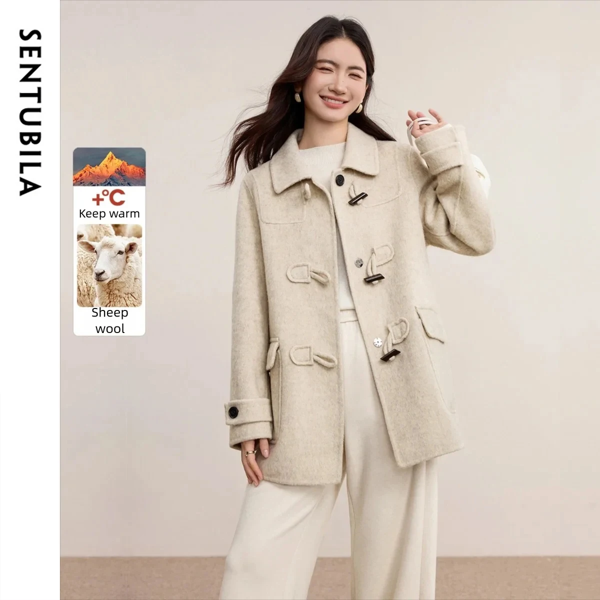 SENTUBILA Women's Double Faced Woolen Coat 2025 Winter College Style Jacket Horn Button Commuter Warm Thick Overcoat W54OC2675