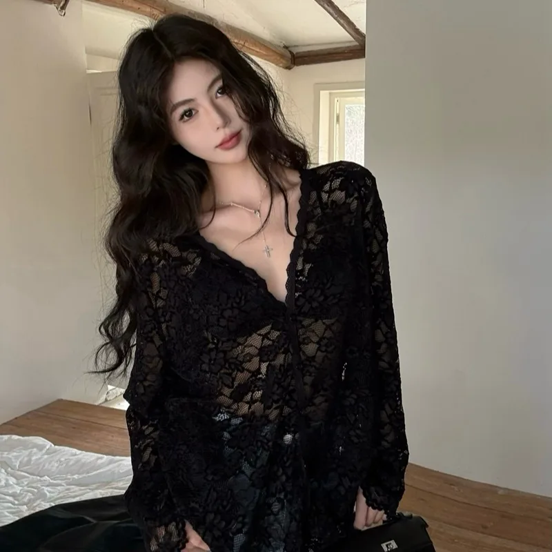 

Новинка зимы 2022, женский свободный кружевной открытый кардиган с v-образным вырезом, сексуальный микропрозрачный утягивающий топ, дышащий