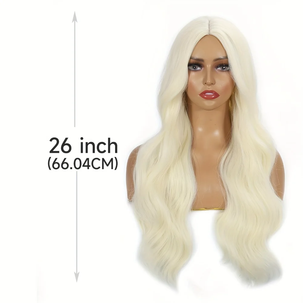 Блондинка 26-дюймовые длинные волнистые синтетические парики для женщин - термостойкий костюм для косплея, парик для Хэллоуина со средней частью