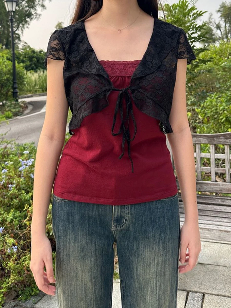 Floral Lace Crop Tops Woman Summer Lace-up V-neck Short Sleeve Cropped Smock Casual Preppy Style Sweet See Through T-shirts New