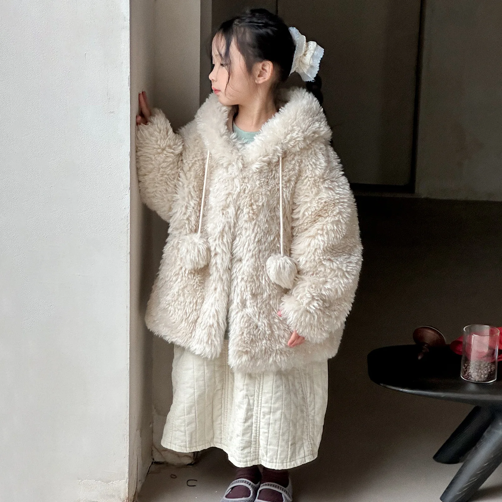 Children Girls Winter Woolen Coat UNITIM 5-14Yrs Girls Faux Fur Hooded Overcoat Faux Lamb Fur Thicken Warm Junior Girl Outerwear