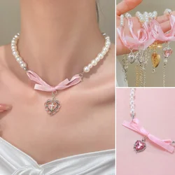 WANZHI New French Pink Bow Love Pendant Pearl Necklace for Women Sweet Romantic Chains Choker Fashion Versatile Accessories