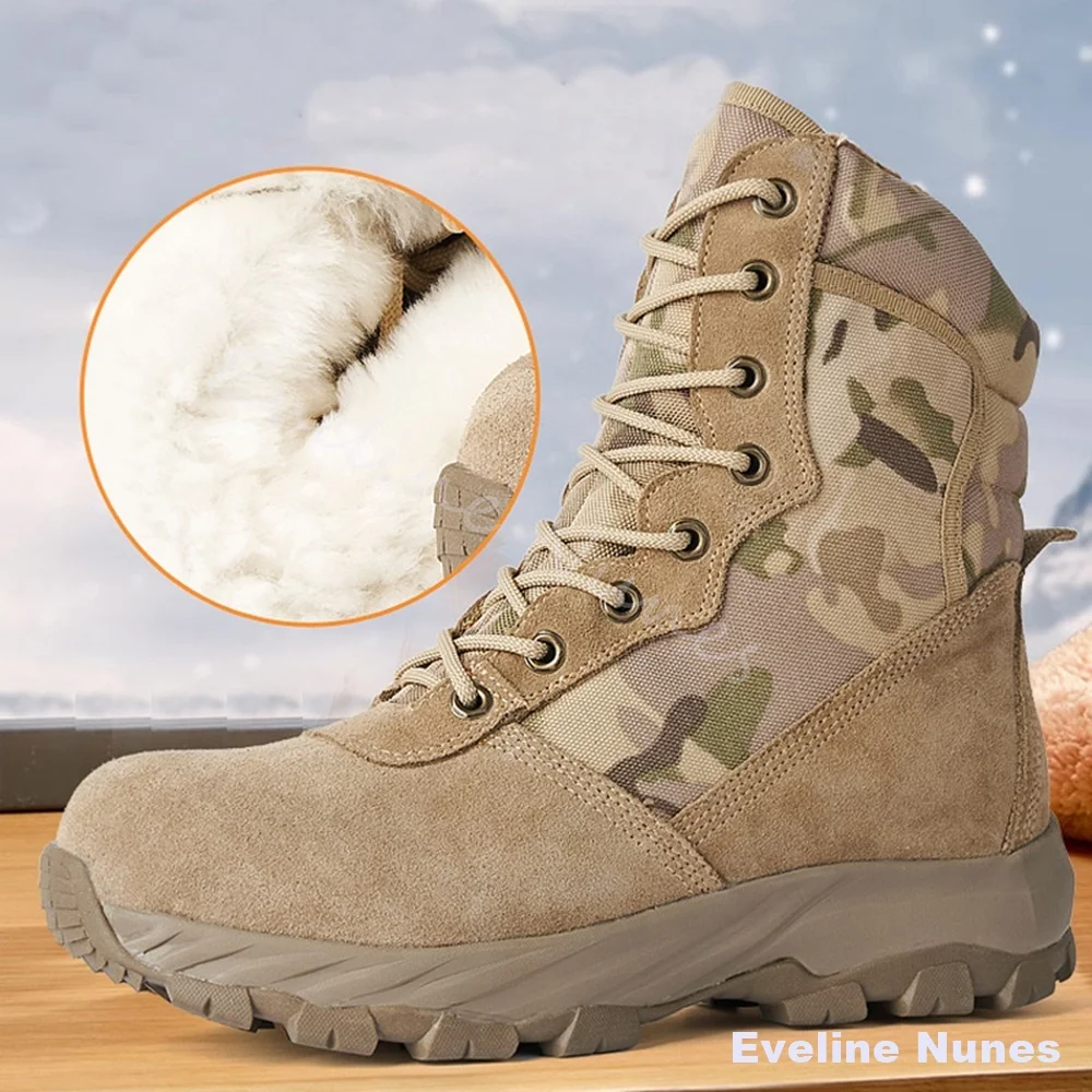 Winter Warm Fleece Camouflage Snow Boots Men Anti Slip Rugged High Top Combat Boots Outdoor Trekking Hunting Military Boots
