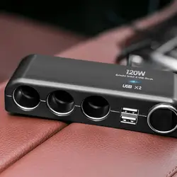 ABS 120W 4 Way 12V/24V Multi Socket Car Cigarettes Lighter Splitter Dual USB Charger Power Adapter Black Auto Interior Parts